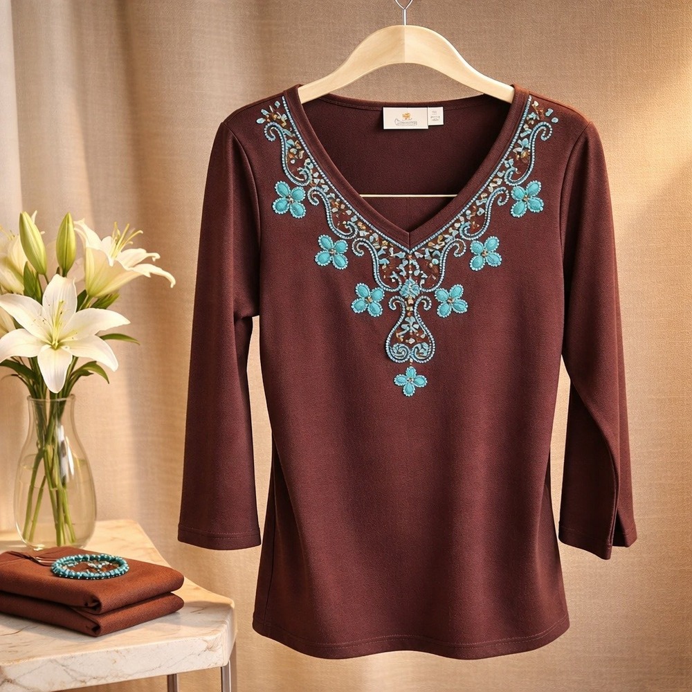 Quacker Factory‎ M T-Shirt Brown 3/4 Slv. Aqua Beading Southwestern V-Neck